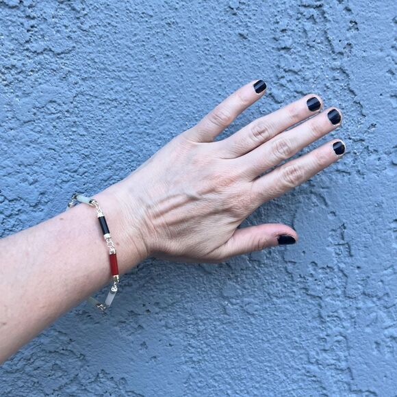 Sterling Silver 925 Semiprecious Stones Link Bracelet Jade, Onyx, Red Jasper - Picture 7 of 9